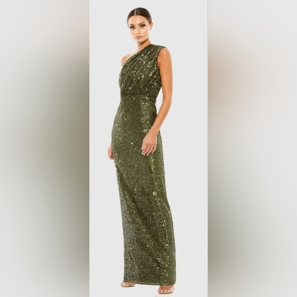 Mac Duggal 26694 Sequined Ruched One Shoulder Gown NWT Size 14 Olive Green - Picture 1 of 7